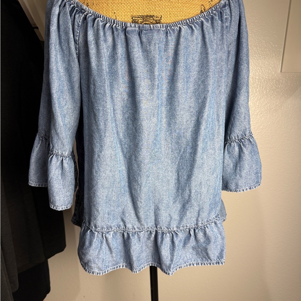 Light Chambray Off-Shoulder Ruffle Tunic - Picture 2 of 3